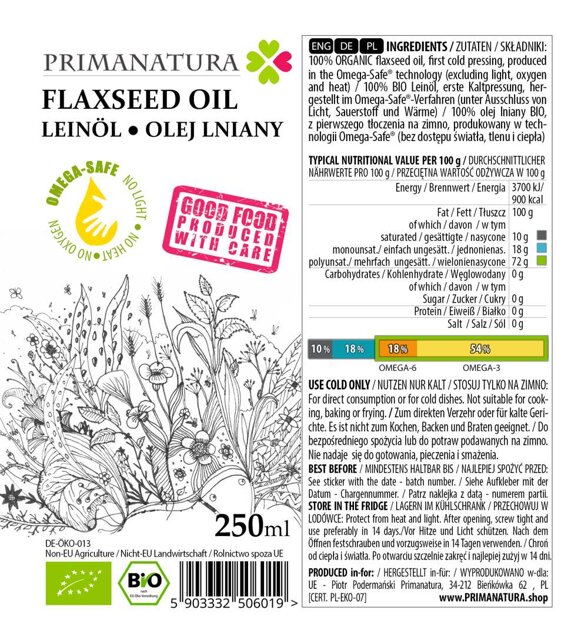 Olej lniany budwigowy zimnotłoczony BIO EKO ekologiczny 250 ml - do diety dr Budwig, Primanatura